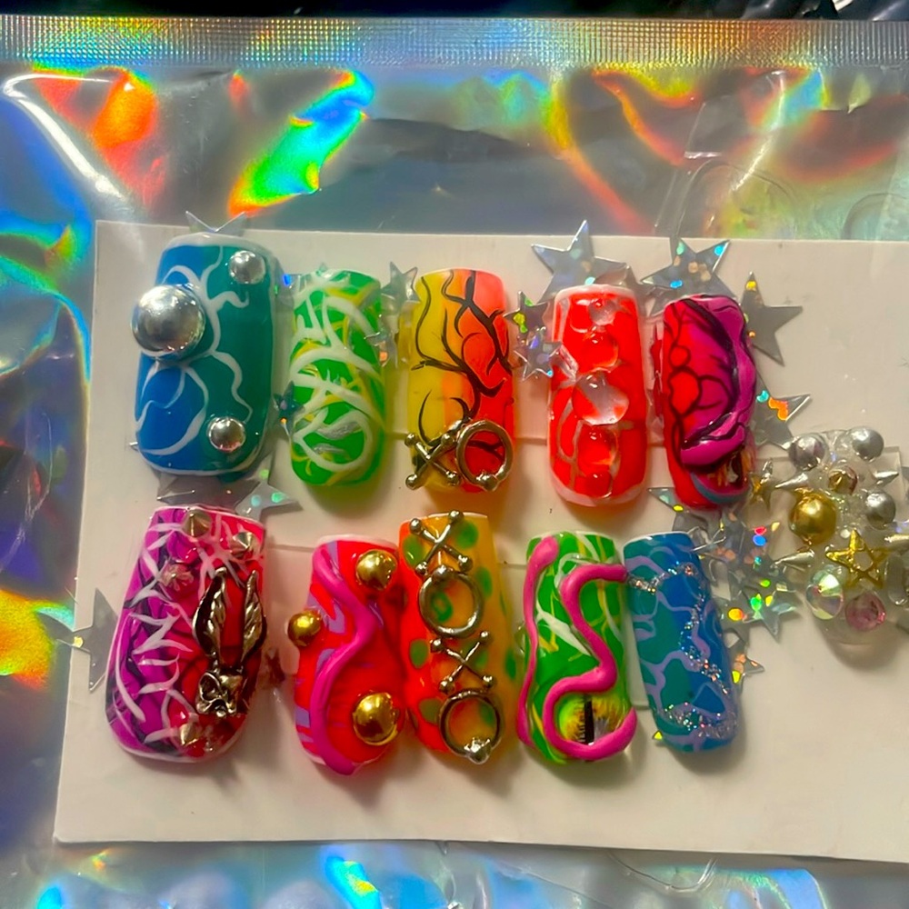 Taste the rainbow with a dragon force press on square medium length nails